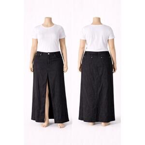 Nicole Miller New York Linen Maxi Skirt L black European Flax Deep Front Slit